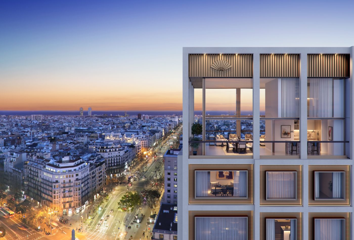 Top level of building through windows with view of city